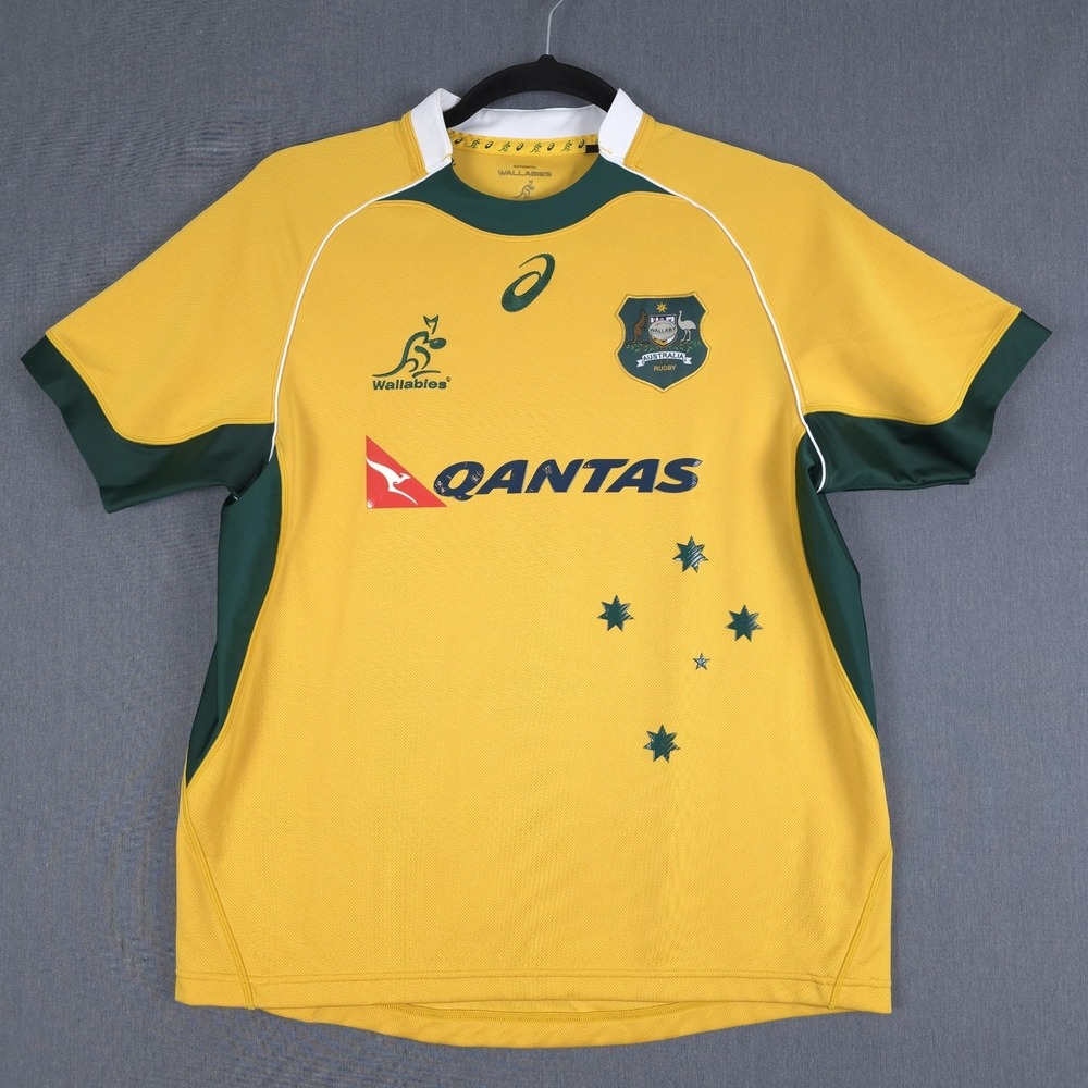 Asics Qantas Wallabies Rugby Jersey Mens XL Yellow Green Short Sleeve Shirt 2016